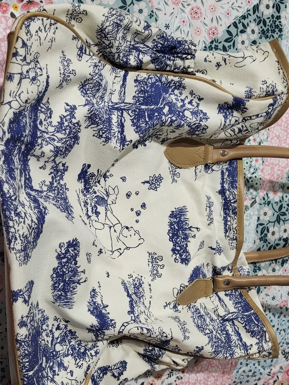 Canvas Tote Bag in Cream with Navy Print and Tan Trim